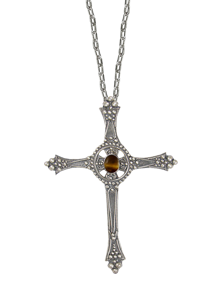 Sterling Silver Baroque Cross Pendant With Tiger Eye